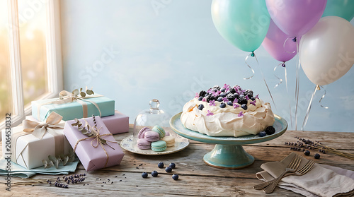 Festive celebration scene with wrapped gifts and pastel balloons