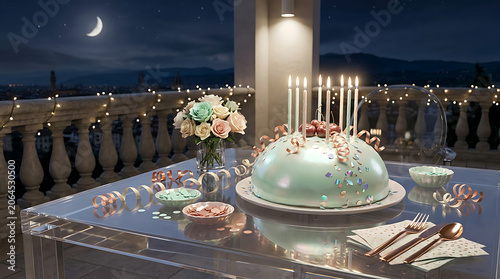 Romantic wedding celebration centerpiece on a balcony at night