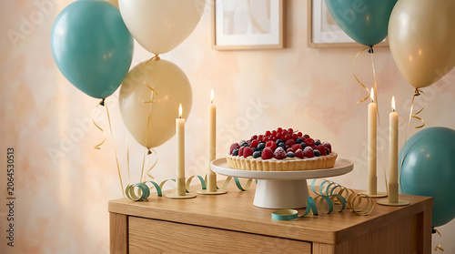 Celebration centerpiece with tiered cake and balloons and candle