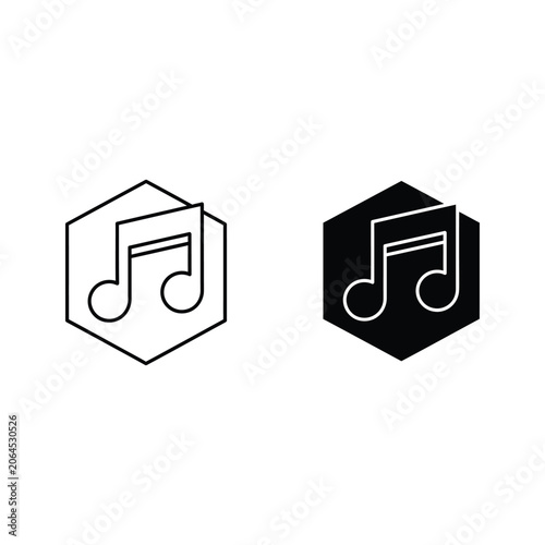 Two musical note icons in hexagon shapes one white and one black design element geometric