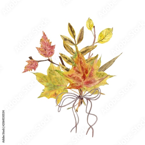 An autumn bouquet with red, yellow, beige, and orange leaves, tied with a bow, on an isolated background, hand-painted in watercolor. Simple botanical clip art for design.