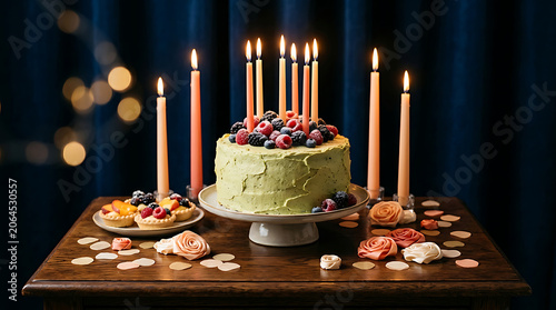 Fresh berry tart cake decorated with lit candles on a dark blue