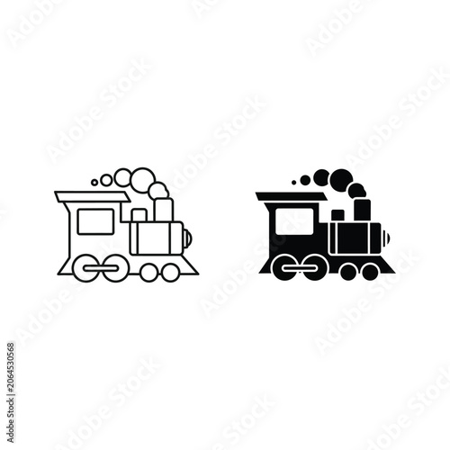 Two black and white train illustrations, one with a cargo load and the other with a steam