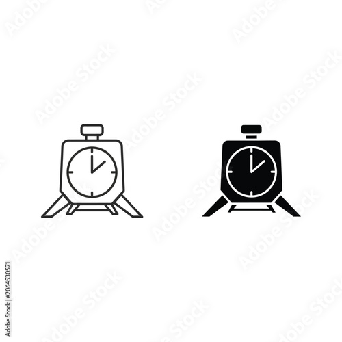 Two vintage tripod mounted cameras with a clock face on the front in black and white
