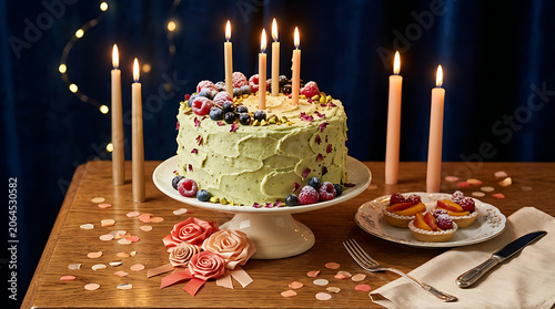 Birthday cake with fresh berries and lit candles on a wooden tab