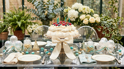 Elegant wedding cake and floral arrangement on a glass table