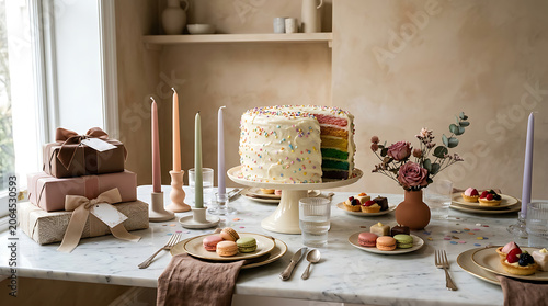Elegant tiered cake and dessert table setting with fresh flowers