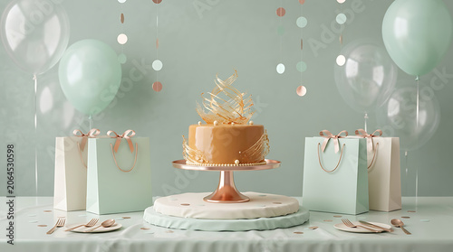 Birthday celebration setup with cake and gift boxes