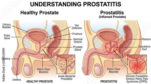 Glandular comparative pathology: male anatomy, prostate condition, zonal morphology, organ inflammation, bladder urethra, pelvic structure, infection process, medical visualization, body ailment.