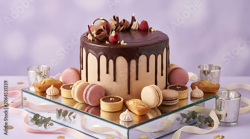 Tiered celebration cake decorated with macarons and fresh raspbe