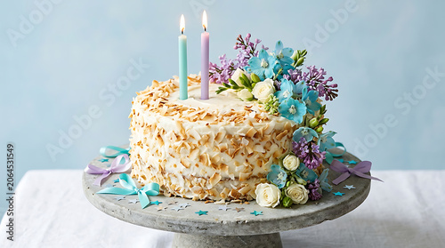 Tiered cake decorated with pastel flowers and lit candles, perfe