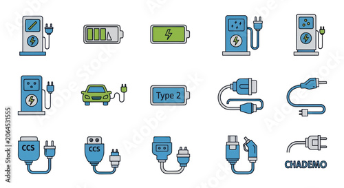 Electric Vehicle Charging Station and Battery Icons Set.