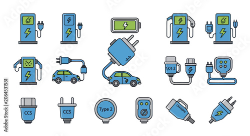 Electric Vehicle Charging Station Icons and Symbols Set.