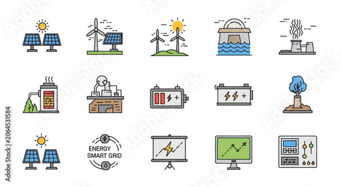 Clean Energy Technology Icons Set Renewable Power Sources.