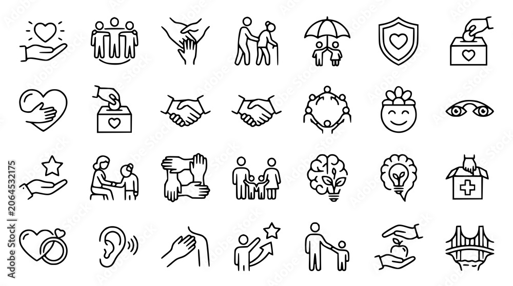 Fototapeta premium Care and support icon set with compassion charity trust and community symbols