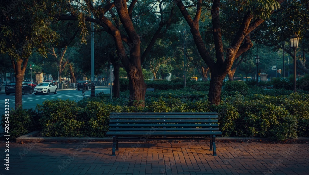 Fototapeta premium Serene park bench scene with rich urban greenery and clear text area