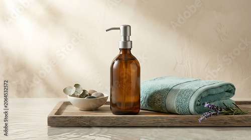 Amber soap bottle on a wooden tray with a soft green towel, repr