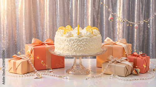 Celebration tiered cake with peach-toned frosting and wrapped gi