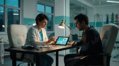 Doctor And Patient Discussing Scan Results On Tablet In Modern Clinic Setting