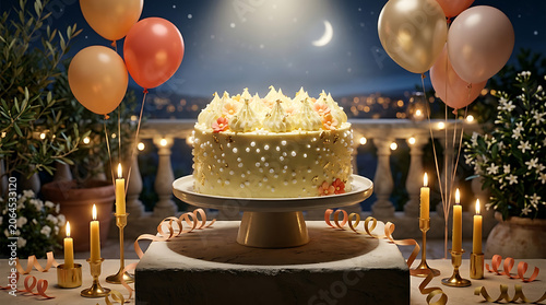 Elegant tiered cake decorated with pastel balloons and flowers f