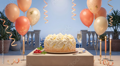 Celebration setup with a white birthday cake and colorful balloo