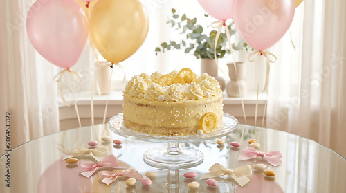 Tiered cake decorated with yellow and pink balloons for a celebr