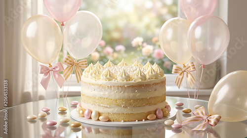 Celebration cake with pink and white balloons arranged on a refl