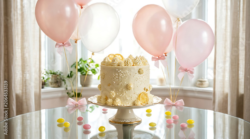 Tiered cake decorated with pink balloons, perfect for a celebrat