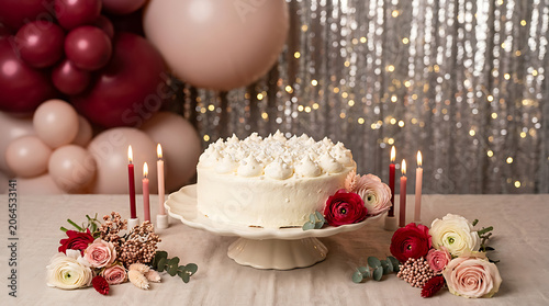 Elegant white wedding cake decorated with fresh roses and pink b