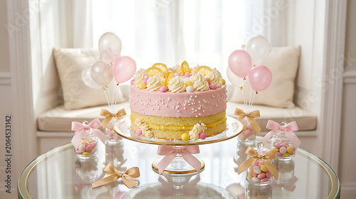 Pink tiered celebration cake with decorative balloons on a sofa