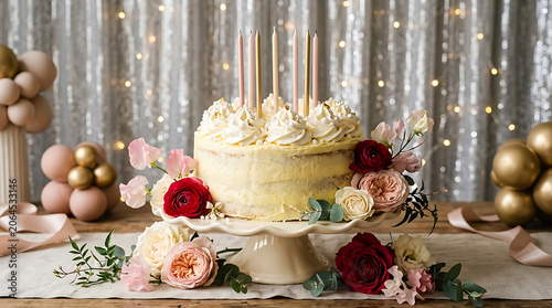 Elegant tiered wedding cake decorated with fresh roses and gold