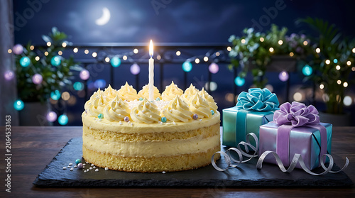 Layered cake with cream frosting and festive string lights