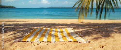 Relaxing summer scene featuring striped yellow and white beach towel on sandy beach with palm shadows by blue water
