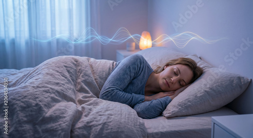 Peaceful young woman sleeping in bed with glowing digital sound waves visualizing audio therapy for deep relaxation
