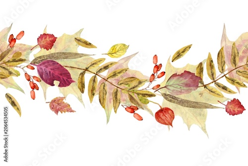 A seamless border of red, orange, yellow, and green autumn leaves and berries, hand-painted in watercolor on an isolated background. Bright autumn botanical clip art for design and textiles.