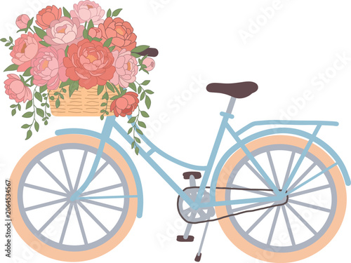 Vintage bicycle with basket overflowing with pink and coral peonies isolated on transparent background. Romantic floral vector illustration for spring, weddings and decorative seasonal designs.