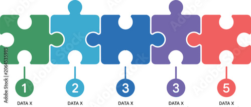 Colorful jigsaw puzzle pieces infographic template with five steps, numbered points, and customizable text placeholders for business presentation