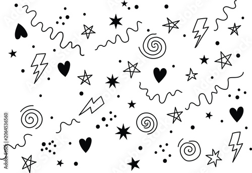 Doodle pattern with stars, hearts, lightning bolts and swirls