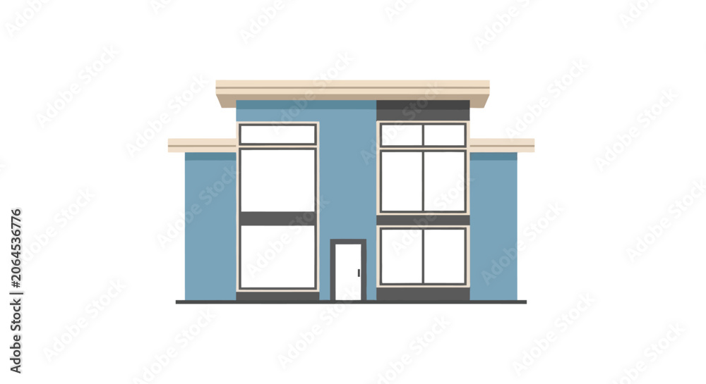 Obraz premium Modern Blue House with Large Windows and Flat Roof - Vector Illustration