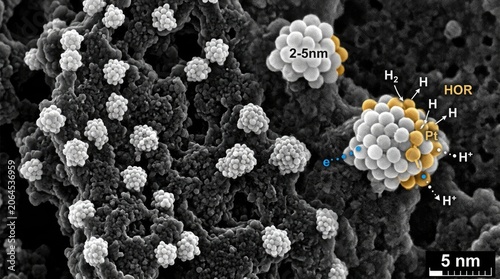 Silver white platinum nanoparticle clusters measuring two to five nanometers supported on black carbon, demonstrating hydrogen oxidation reaction mechanism with proton release.