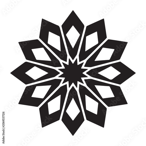 A symmetric black geometric star shape with rhombus patterns isolated on a plain white background design