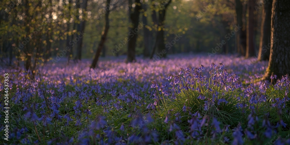 Obraz premium Wild bluebells thriving in a tranquil forest during spring sundown