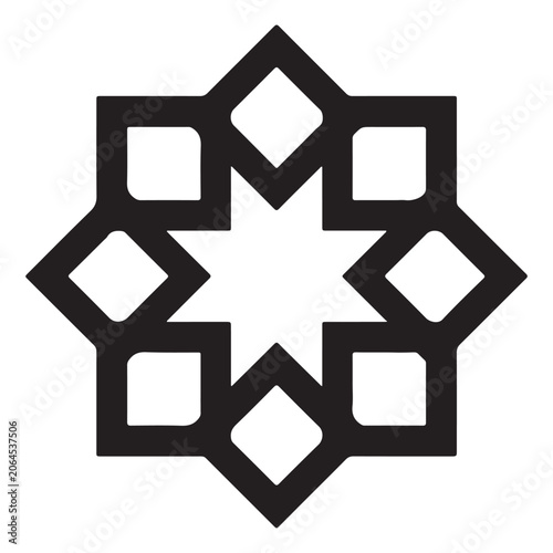 Isolated geometric eight pointed star pattern decorative design element with thick black lines on white background