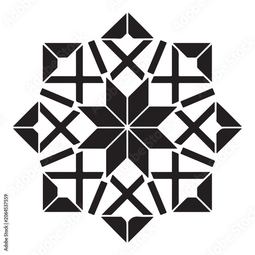 Isolated geometric star icon featuring a flat black decorative ornamental snowflake shape for modern graphic design projects
