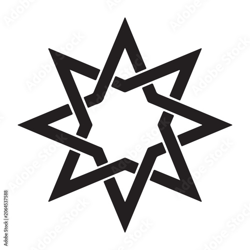 Isolated black ninepointed star symbol created with an intricate woven knot pattern on a white background
