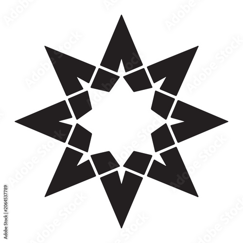 Isolated black eightpointed star geometric shape featuring a segmented decorative pattern on a clean white background