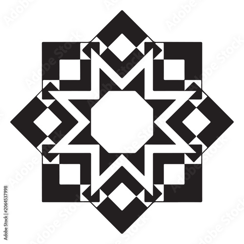 Abstract monochrome geometric star shape with symmetrical pattern elements isolated on a clean white background design