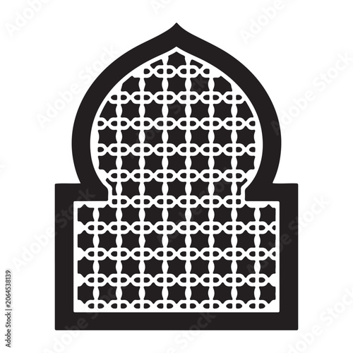 Isolated black and white moroccan arch window design with traditional islamic geometric pattern and decorative lattice