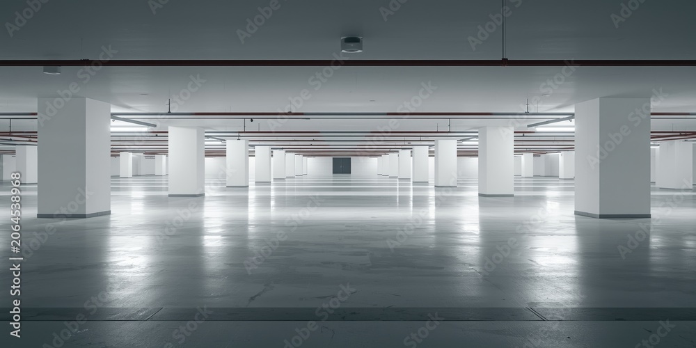 Naklejka premium Empty underground parking garage with white walls and columns