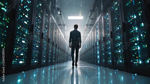 Person walking through illuminated data center aisle